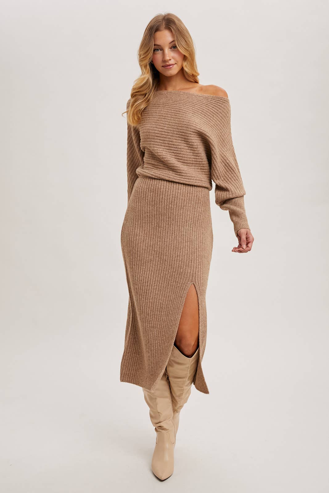 Boat Neck Side Slit Midi Sweater Dress-Oatmeal