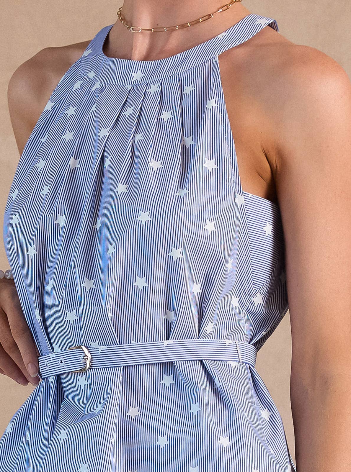 Current Air - Stripe Star Print Belted Halter Top: Blue White / M