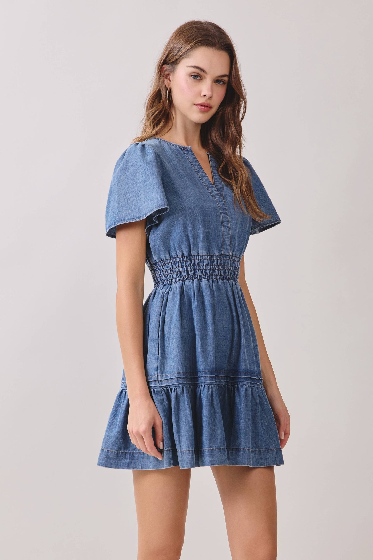 Denim V Neck Flutter Sleeve Dress