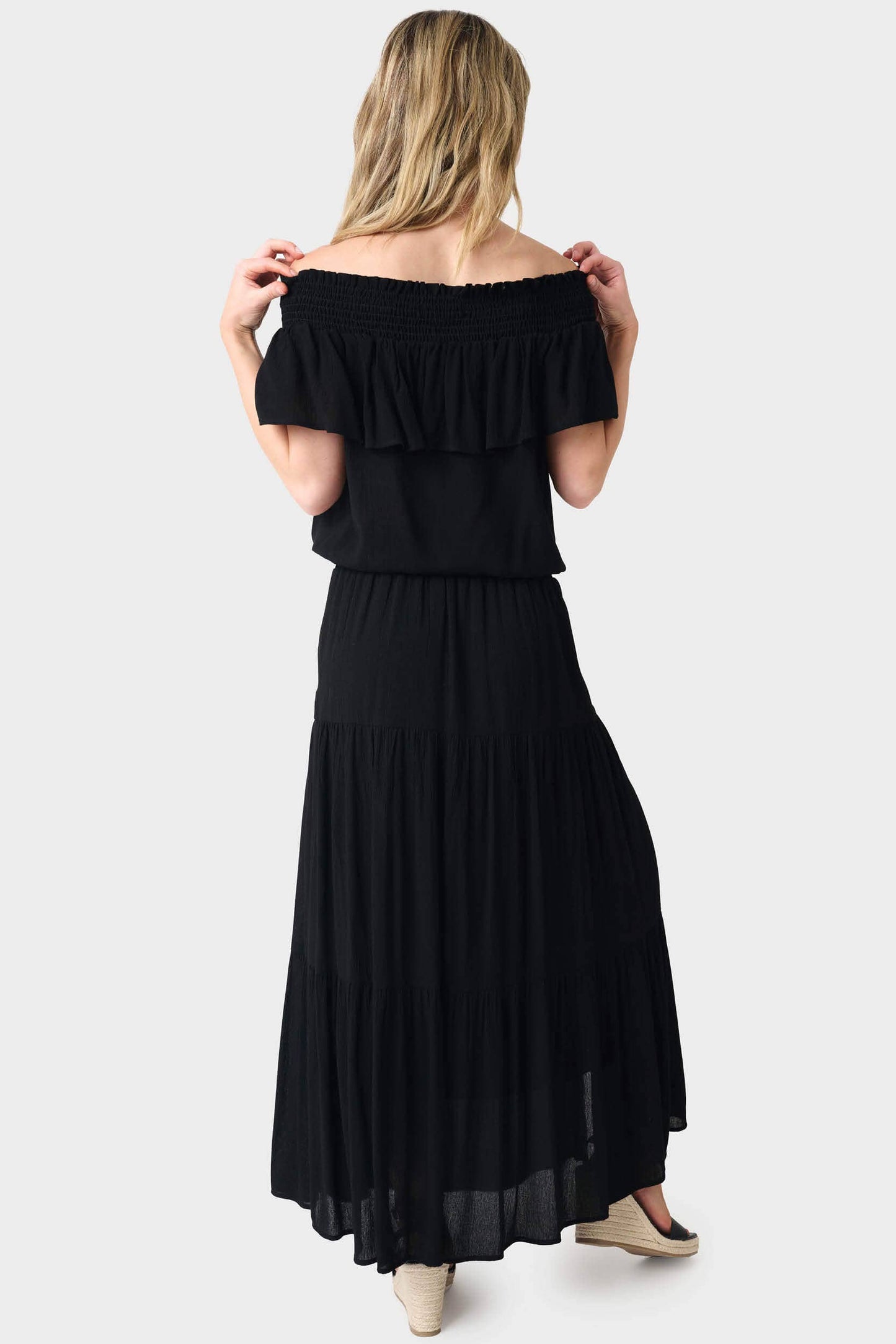 Tiered Maxi Skirt with Offset Front Slit-Black