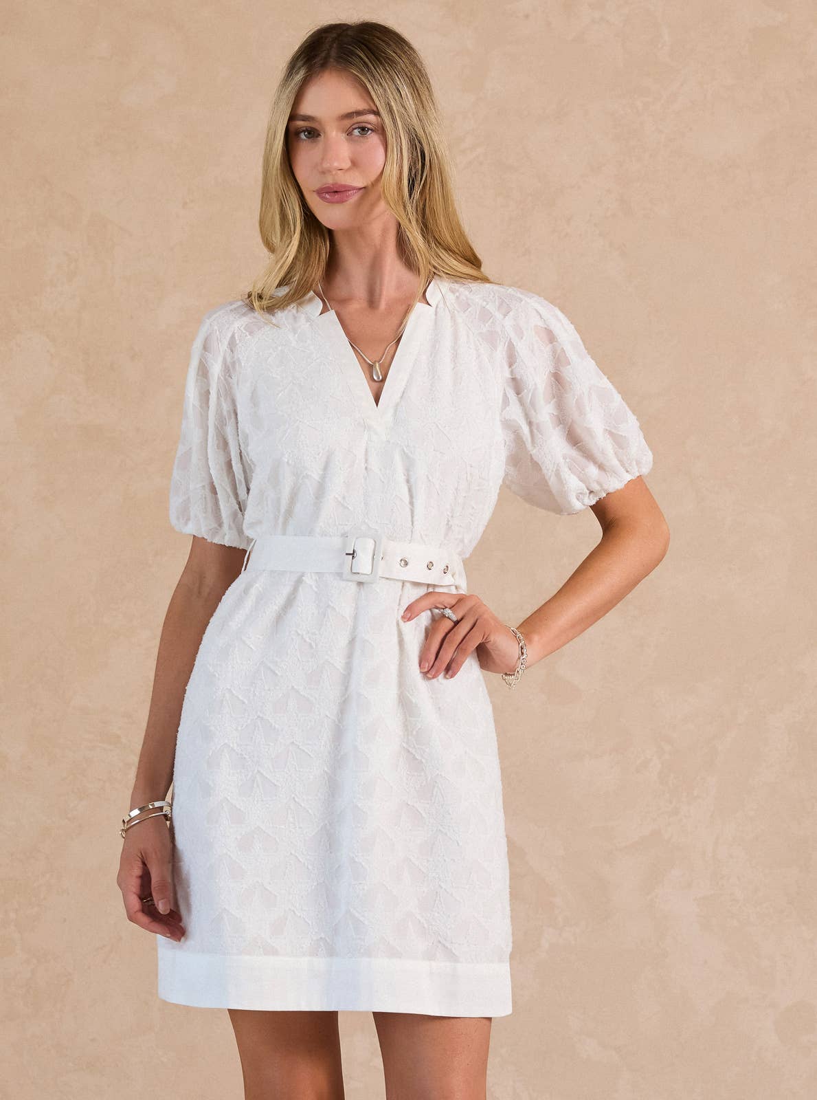 Current Air - Textured Star Pattern Belted Mini Dress: Navy Blue / XS