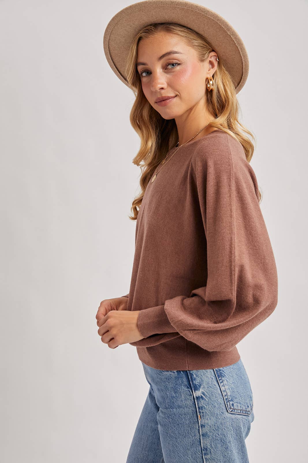 Lightweight Drape Sleeve Sweater-Mocha