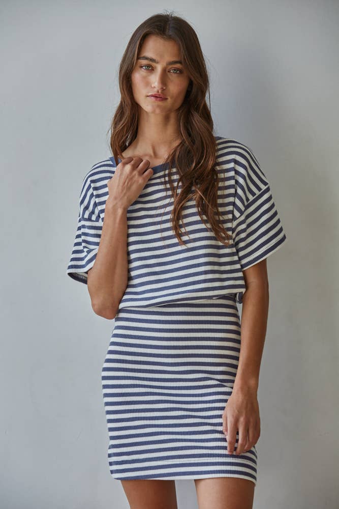 Striped Ribbed Short Sleeve Mini Dress