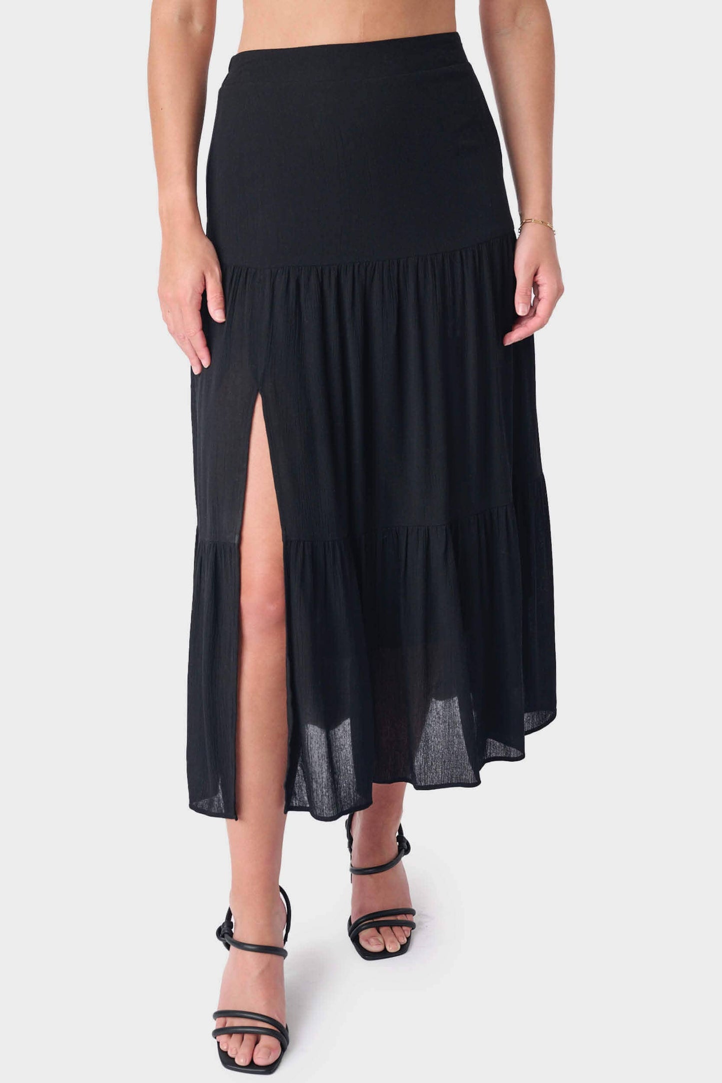 Tiered Maxi Skirt with Offset Front Slit-Black