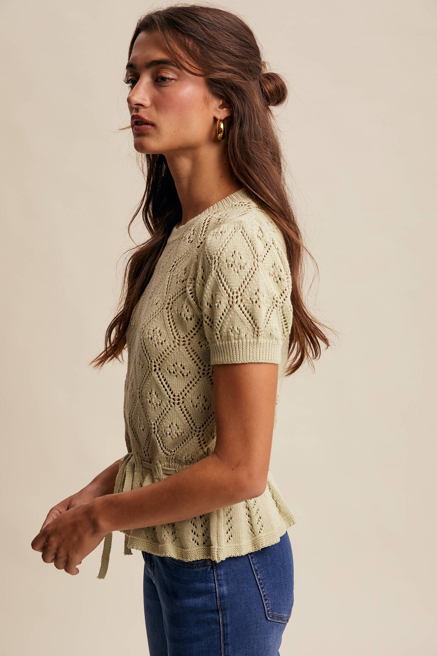 Pointelle Knit Peplum Top: Light Green