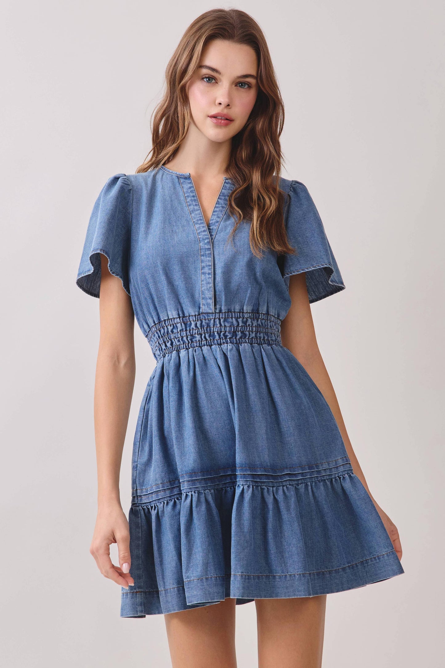 Denim V Neck Flutter Sleeve Dress