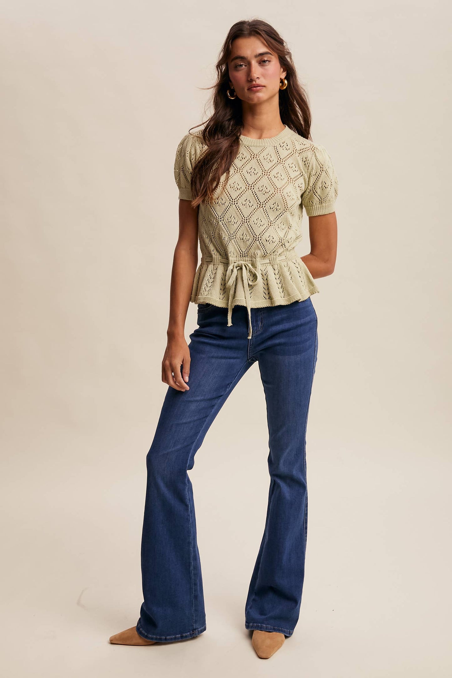 Pointelle Knit Peplum Top: Light Green