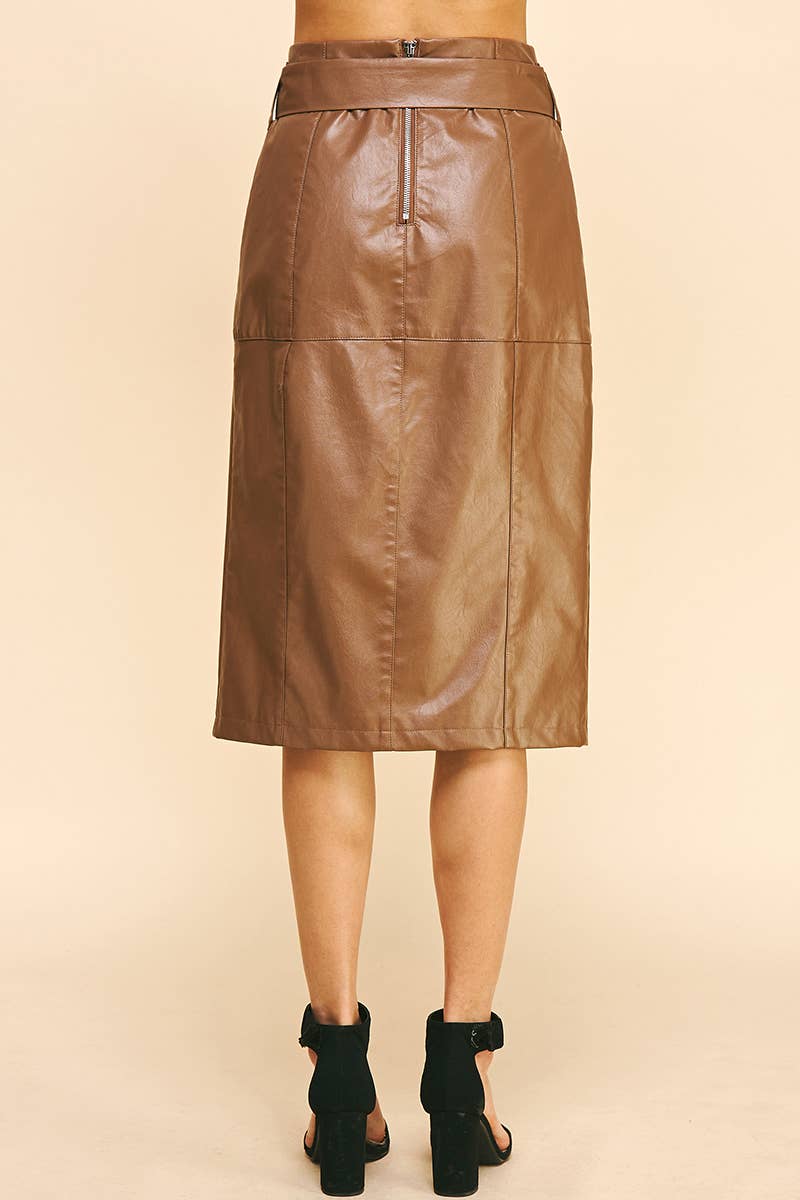 Belted Vegan Leather Midi Skirt