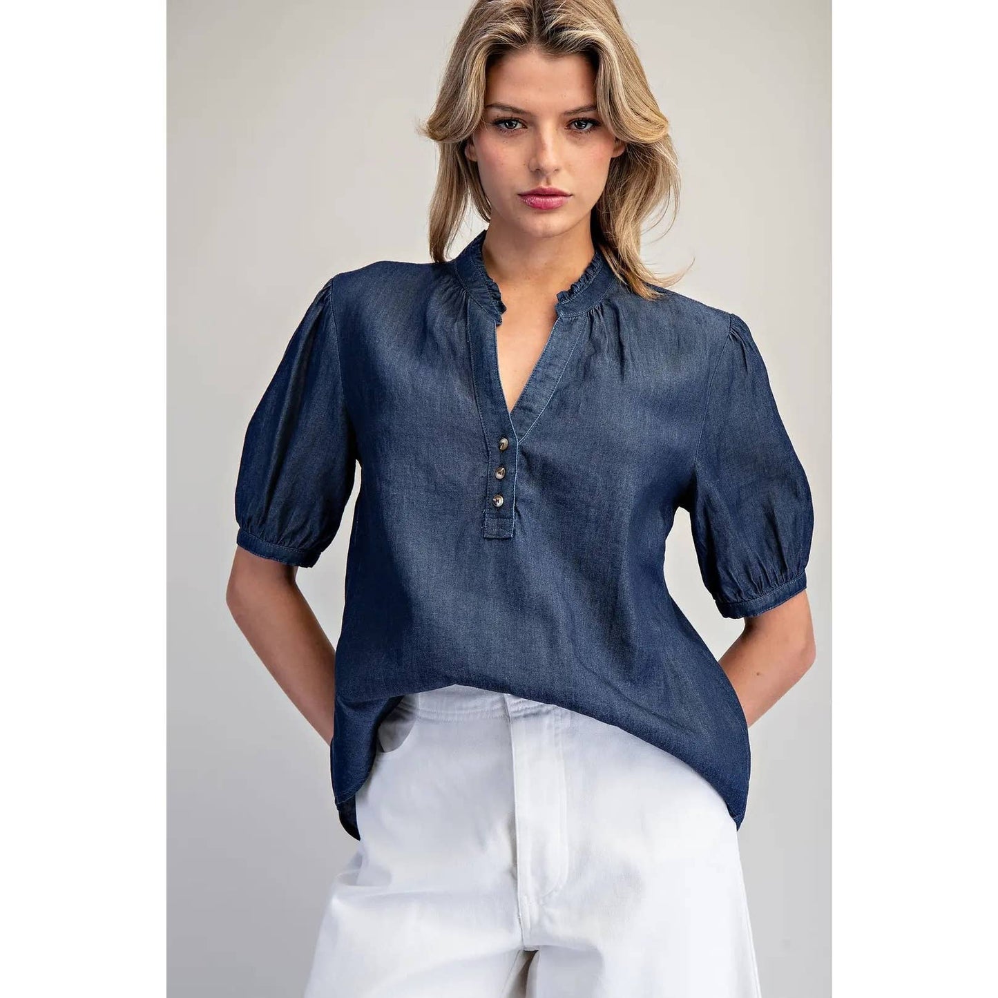 STYLE USA - NEW Ruffled Split V-Neck Blouse: DENIM / L