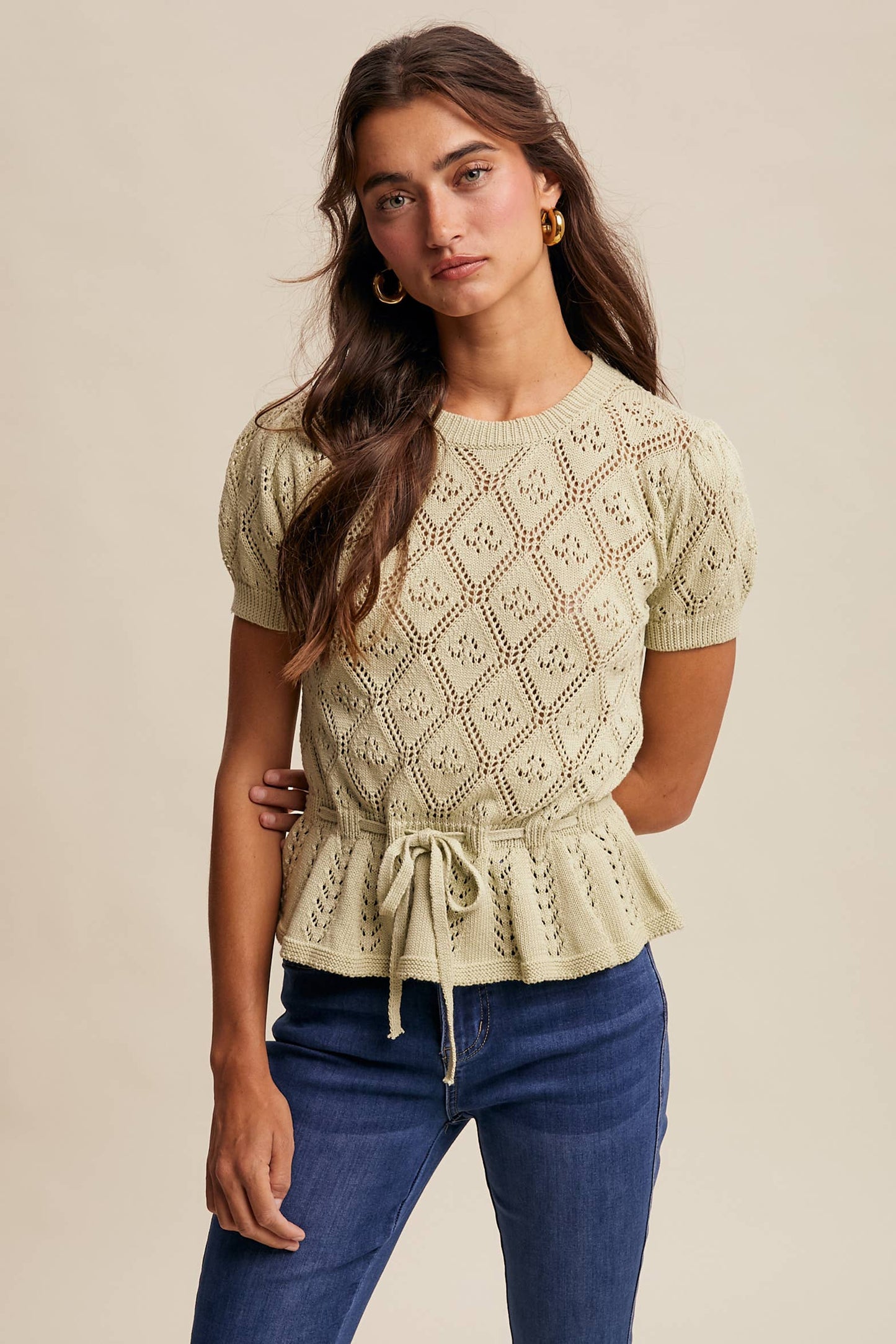 Pointelle Knit Peplum Top: Light Green