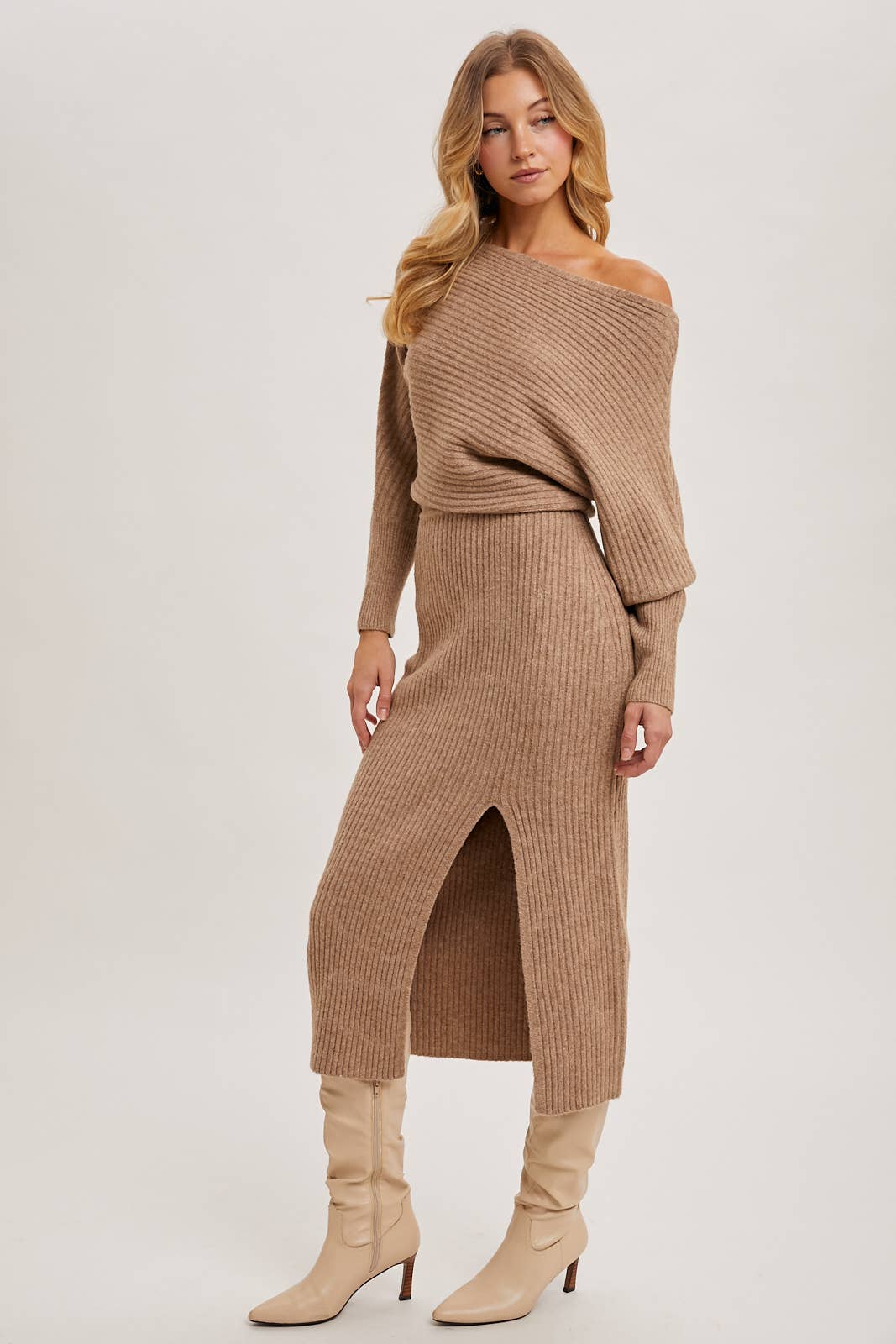 Boat Neck Side Slit Midi Sweater Dress-Oatmeal