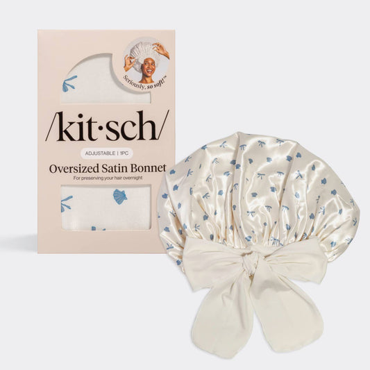KITSCH - Oversized Satin Bonnet - Pearlized Cream & Coastal Blue Print