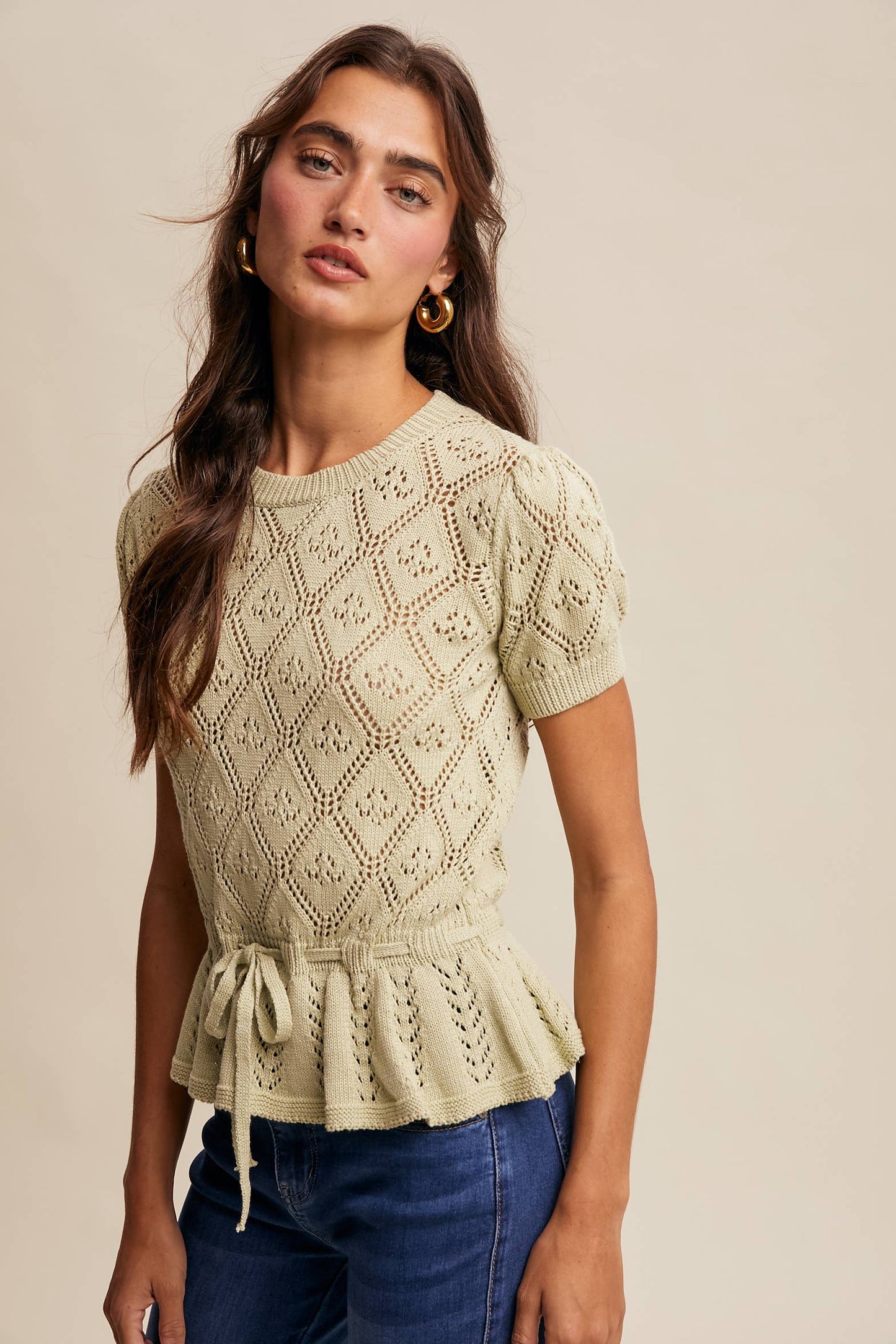 Pointelle Knit Peplum Top: Light Green