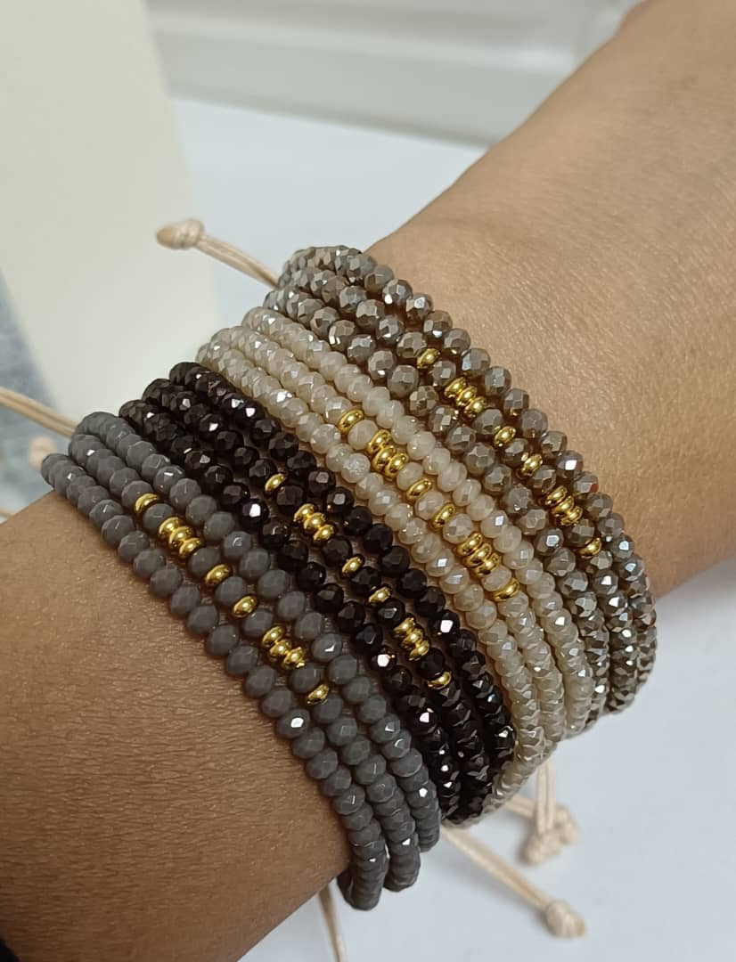 Triple Crystal Adjustable Bracelets: Dark Neutrals