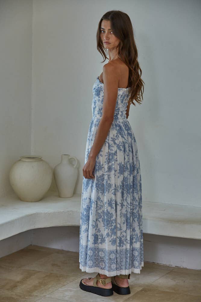Cotton Rayon Floral Smocked Strapless Midi: Ivory Blue