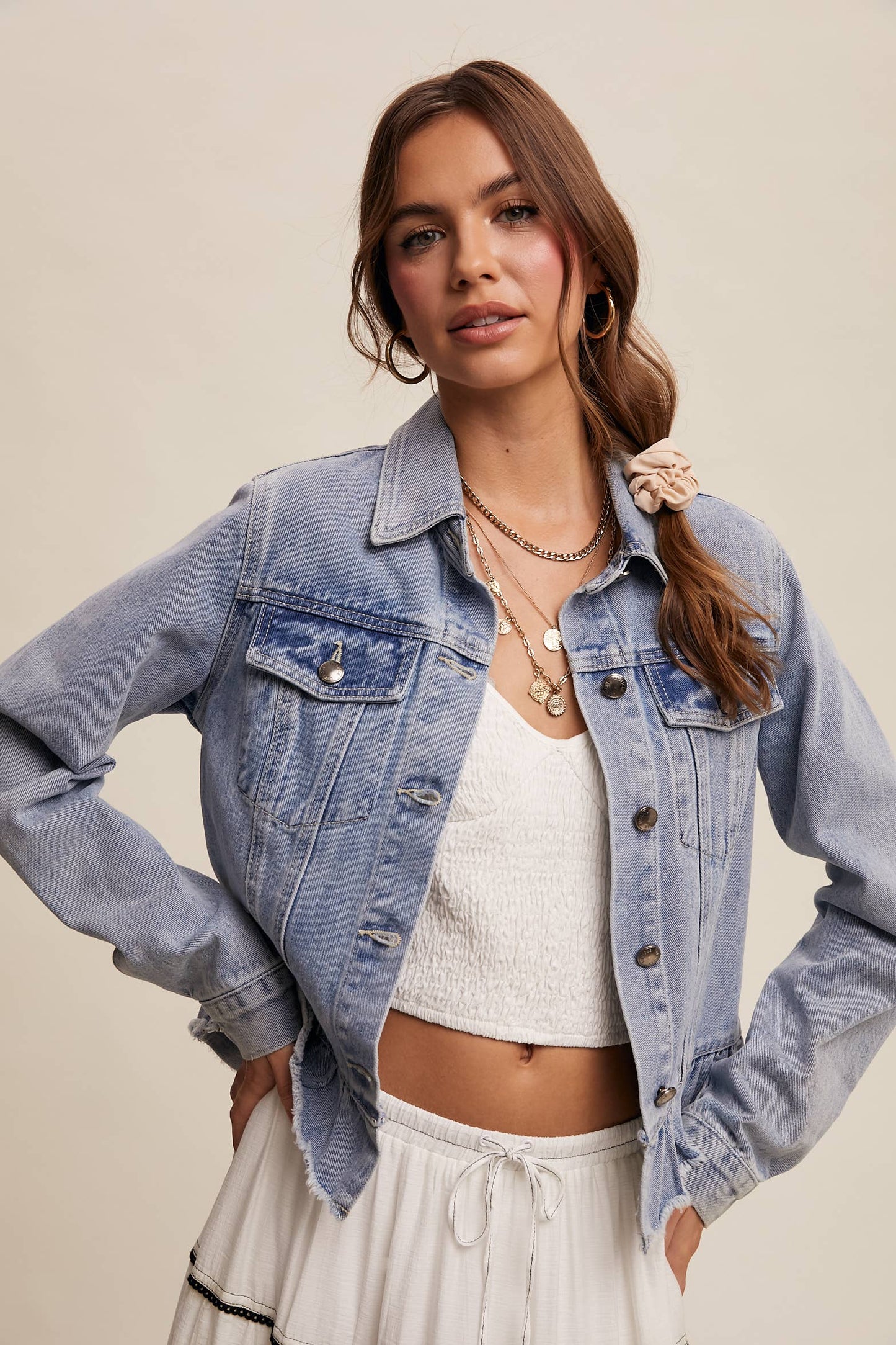 Ruffled Hem Denim Jacket: Light Denim