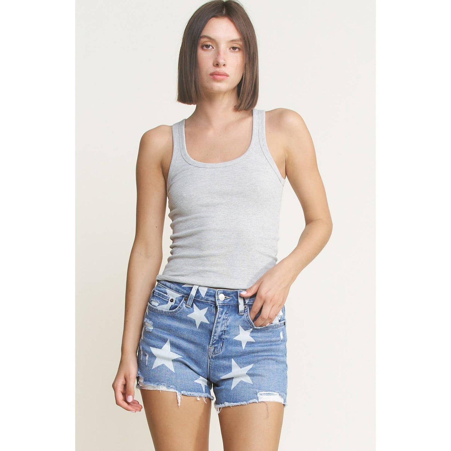 Mica Denim - HIGH RISE DISTRESSED SHORTS: Denim star / L
