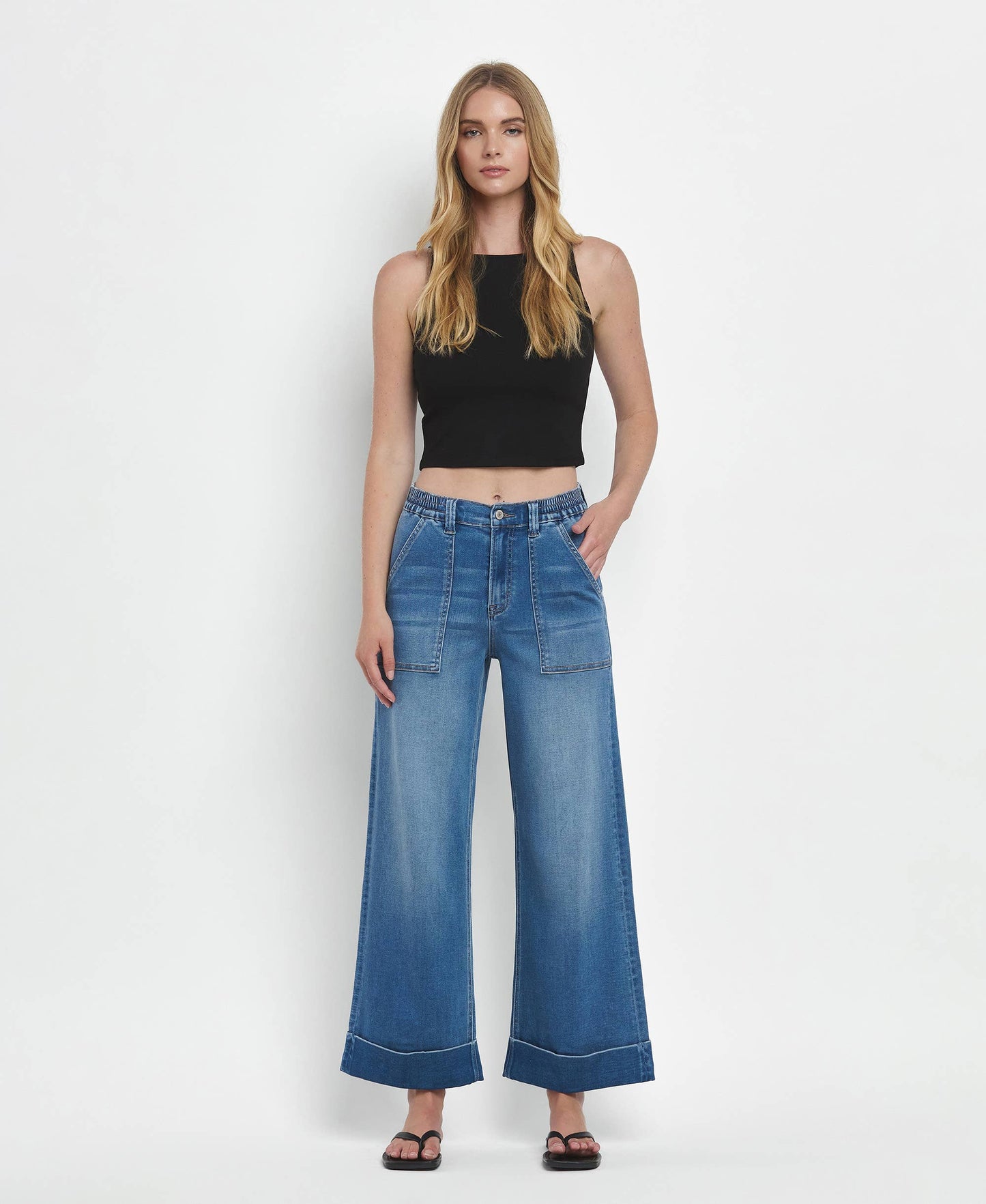 Vervet by Flying Monkey-High Rise Double Cuffed Wide Leg Jeans