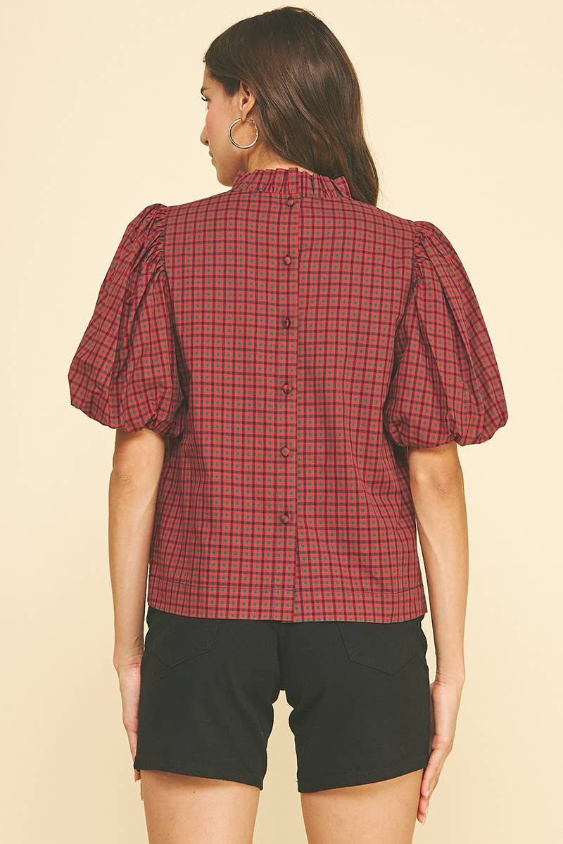 Red Plaid Ruffled Mock Neck Top with Puff Sleeve