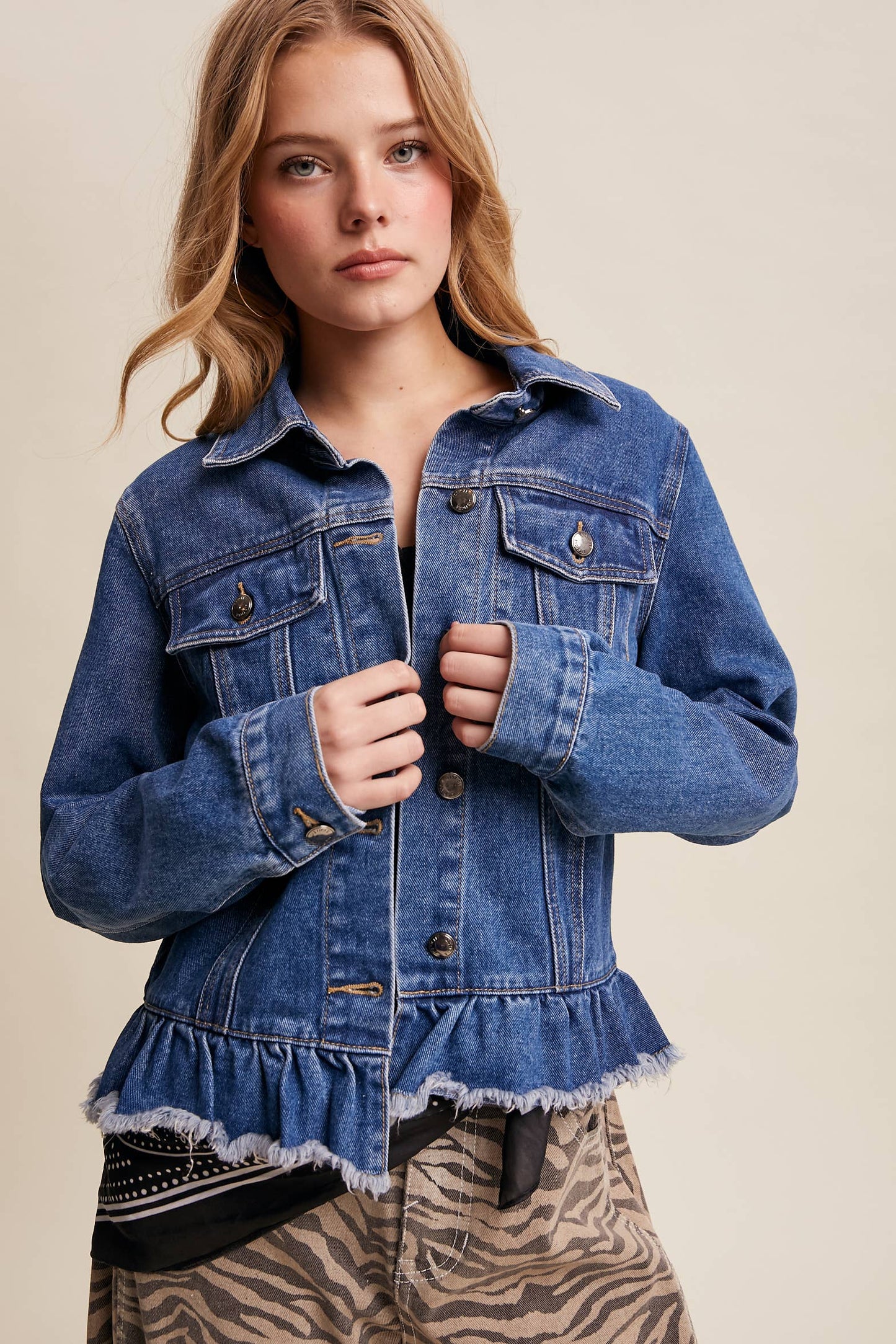 Listicle - Ruffled Hem Denim Jacket LJ0236: Light Denim / L