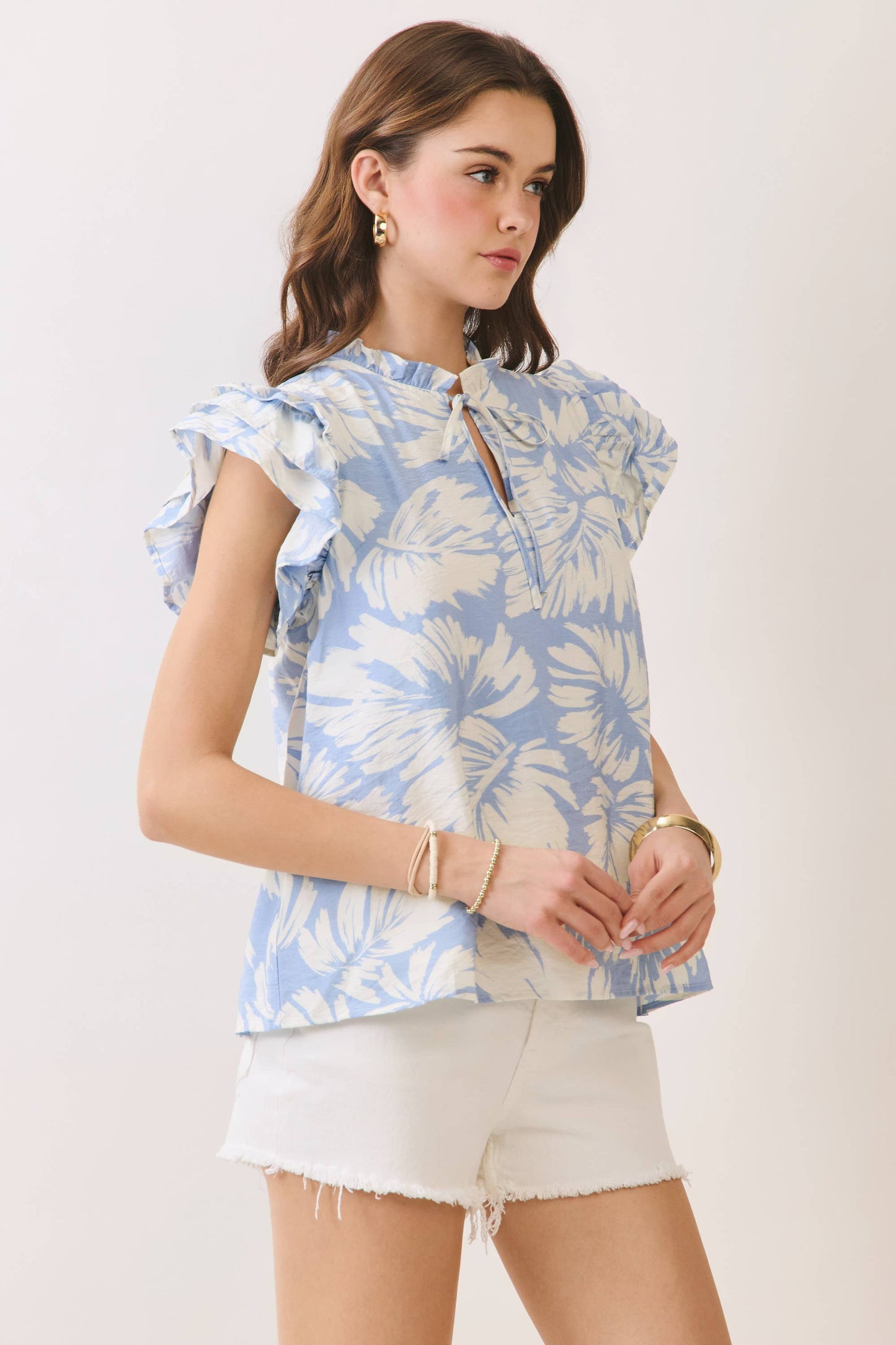 Floral Print Ruffled Neck & Sleeve Top