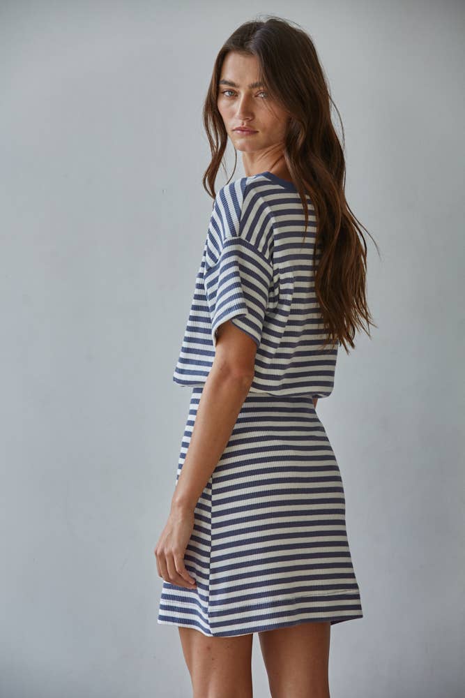 Striped Ribbed Short Sleeve Mini Dress