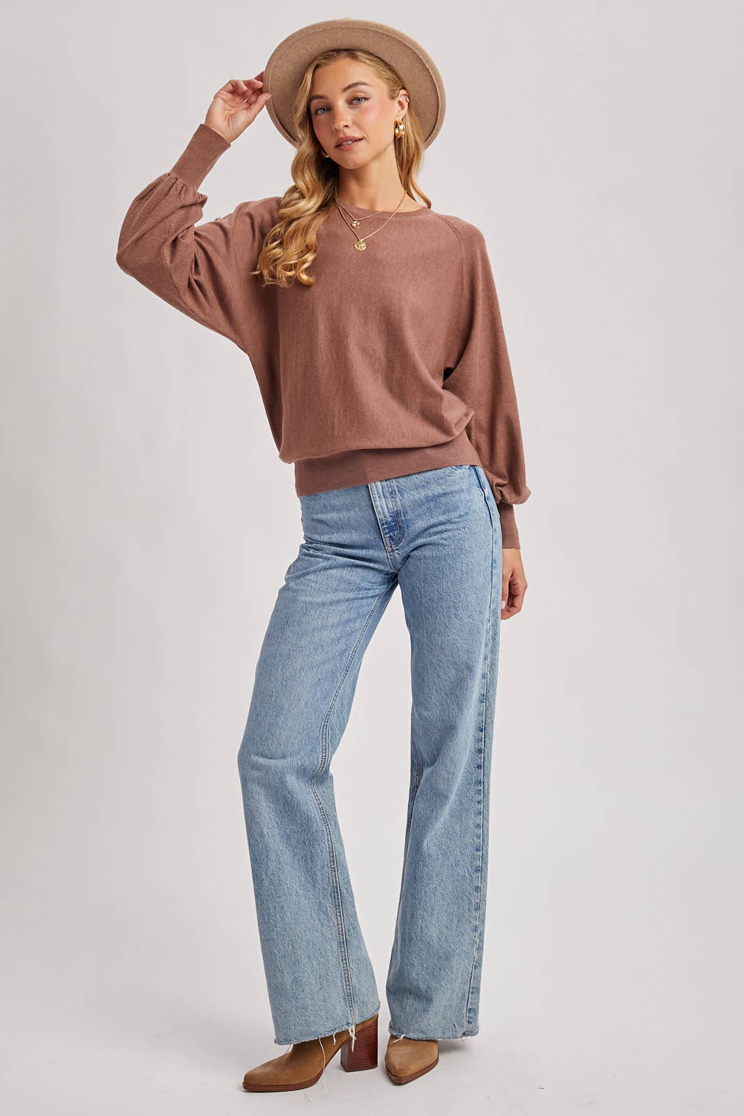Lightweight Drape Sleeve Sweater-Mocha