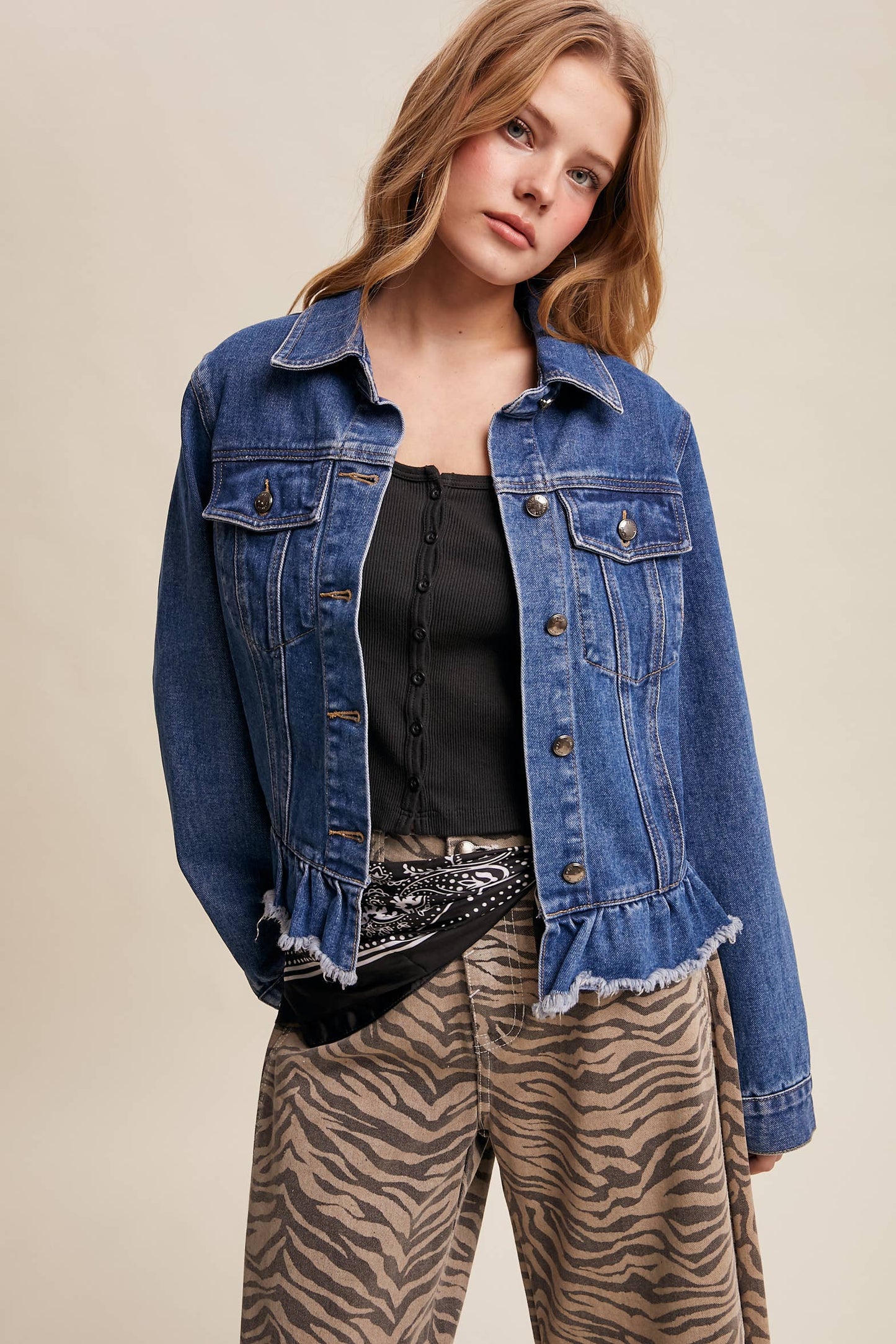 Listicle - Ruffled Hem Denim Jacket LJ0236: Light Denim / L