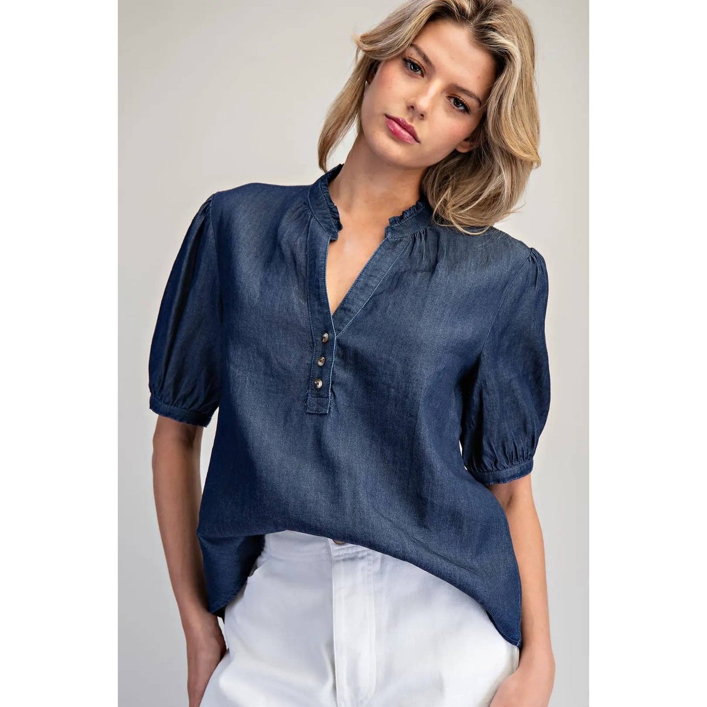 STYLE USA - NEW Ruffled Split V-Neck Blouse: DENIM / S
