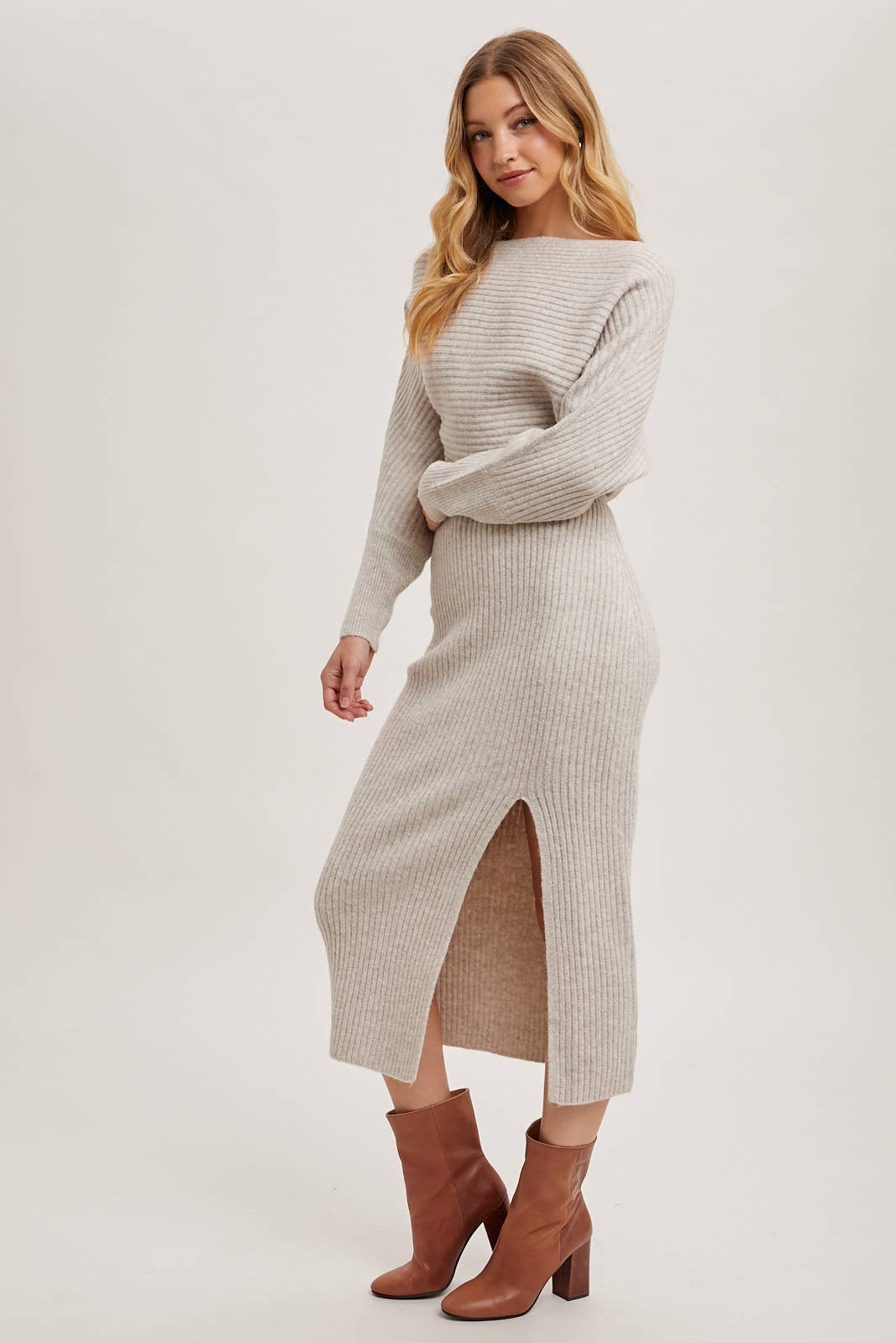 Boat Neck Side Slit Midi Sweater Dress-Oatmeal