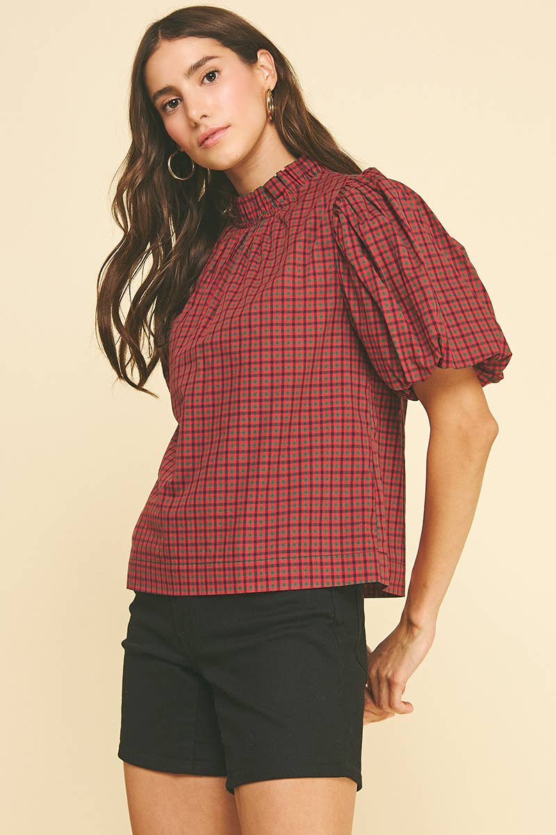 Red Plaid Ruffled Mock Neck Top with Puff Sleeve