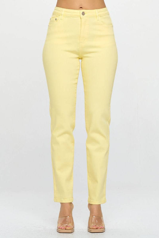High Rise Straight Fit Color Denim Pants: Yellow