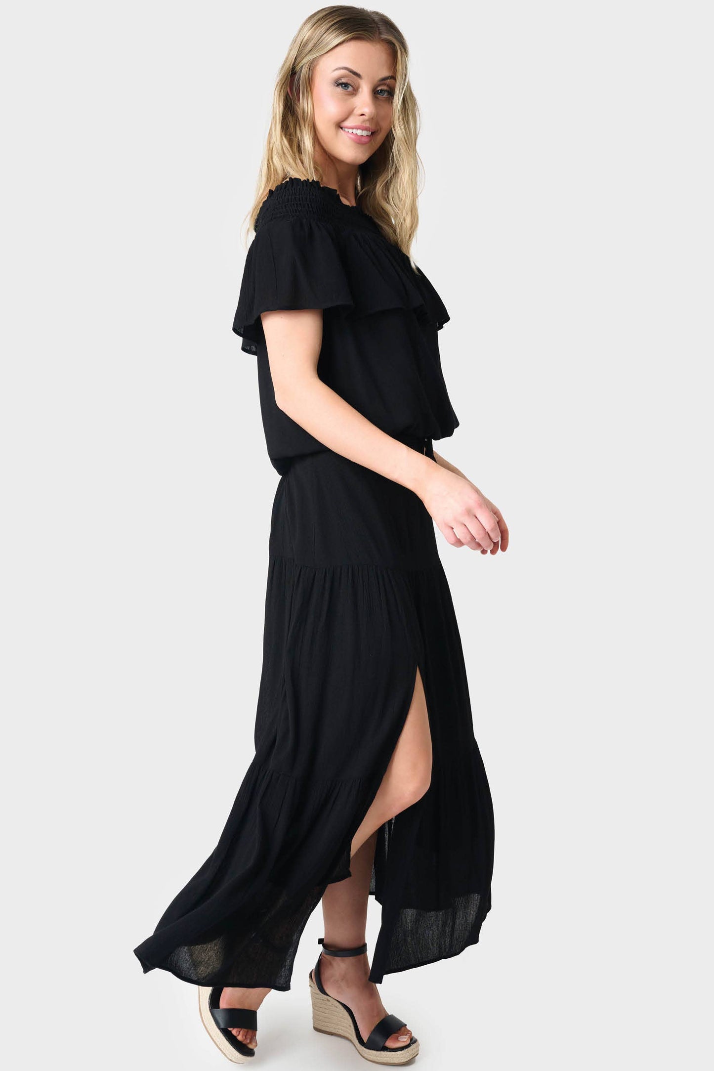 Tiered Maxi Skirt with Offset Front Slit-Black