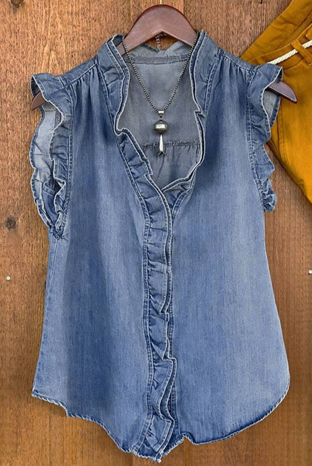 Ruffled Denim Washed Sleeveless Top