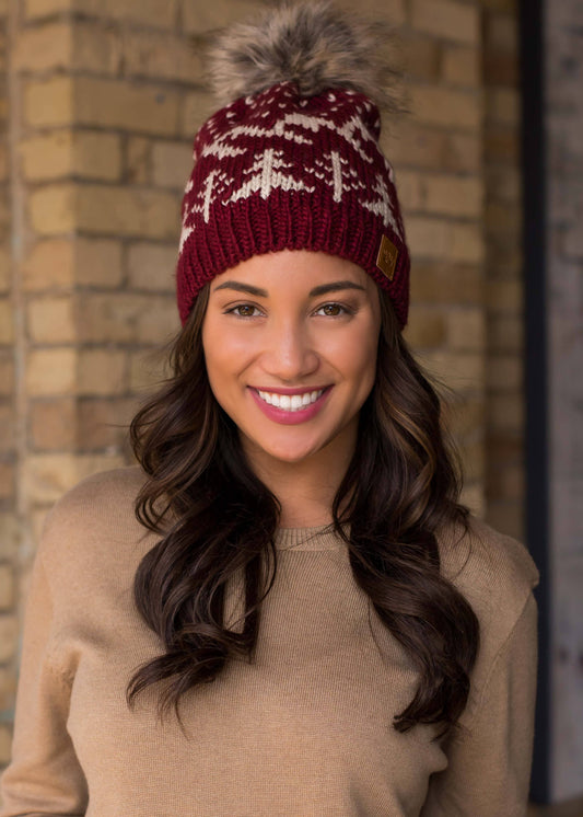 Burgundy w/ Beige Winter Pattern Pom Hat