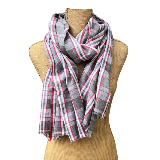 Cotton Plaid Grey and Red Scarf