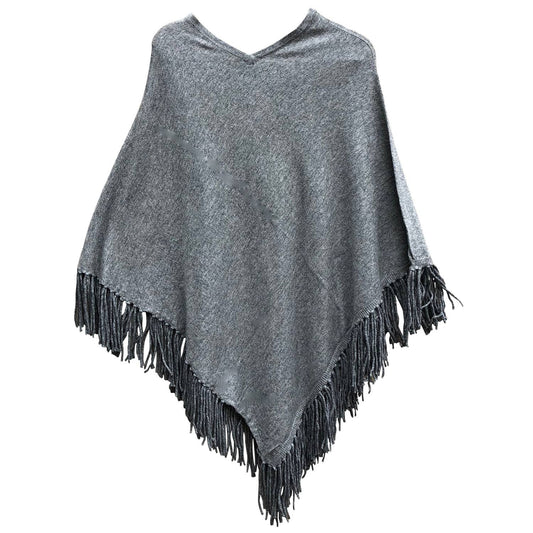 Fringed Wool Poncho Gray