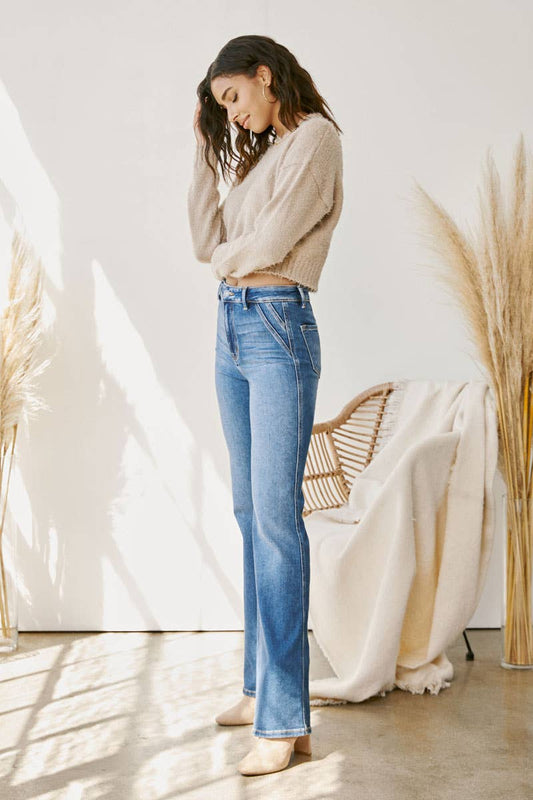 Kan Can High Rise Slim Flare Jean with Detailed Double Pocket