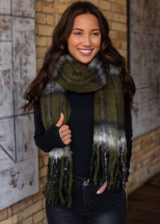 Olive Green and Black Fringe Scarf