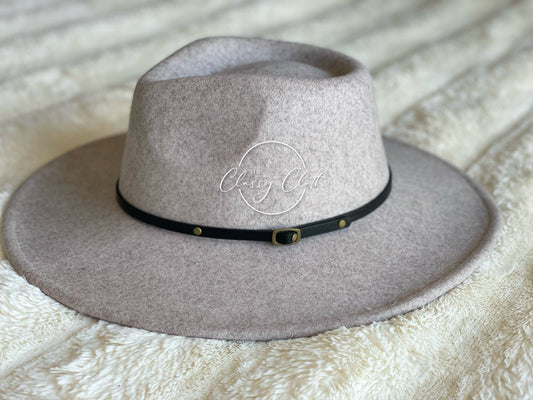 Wool Blend Wide Brim Hat w/ Belt - Oatmeal