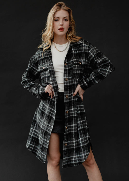 Long Grey and Black Plaid Long Flannel