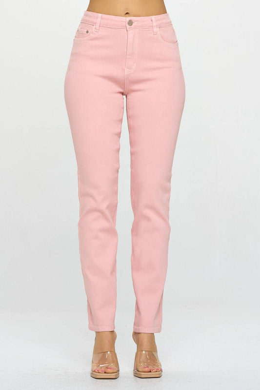 High Rise Straight Fit Color Denim Pants-Pink