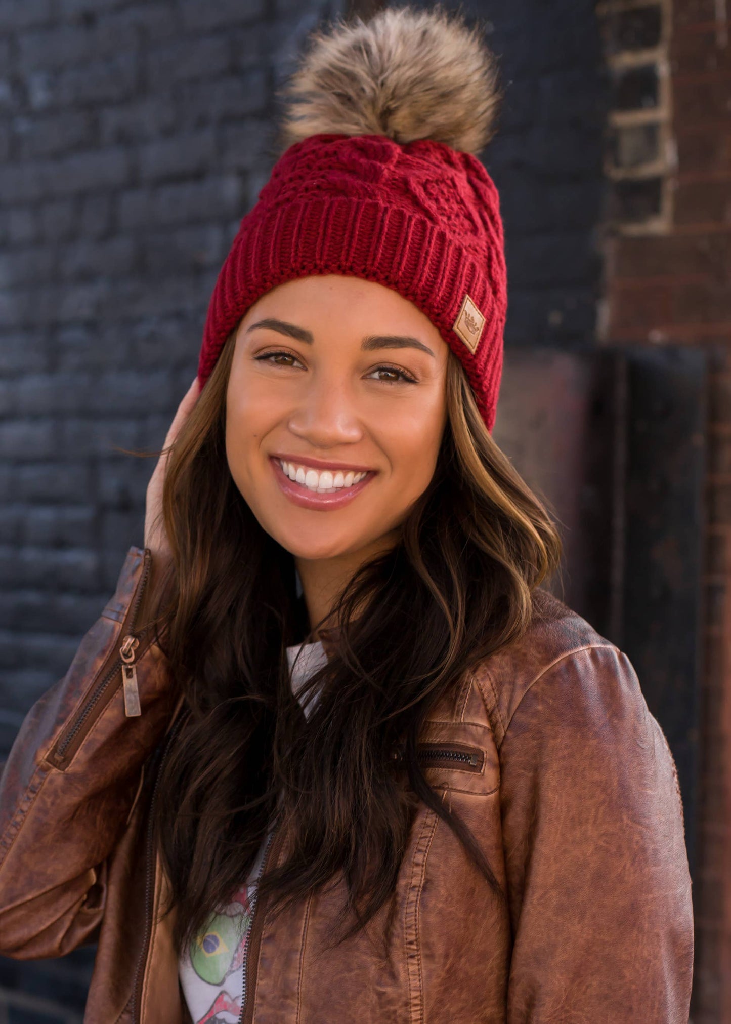 Dark Red Cable Knit Pom Hat