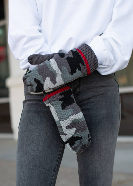 Grey Camo w/ Red Stripe Mittens