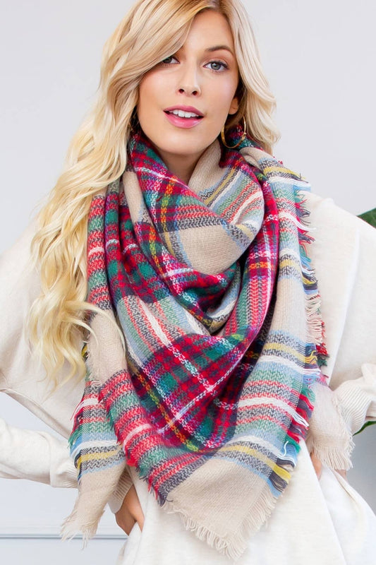 Plaid Fringe Blanket Scarf: MULTI / ONE