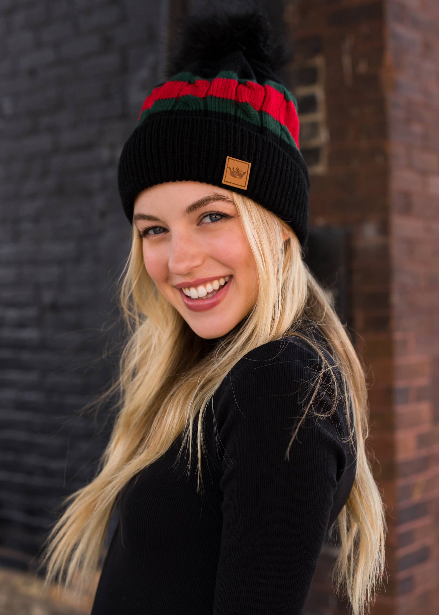 Black w/ Green & Red Stripe Pom Hat