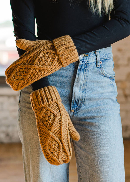 Camel Cable Knit Mittens