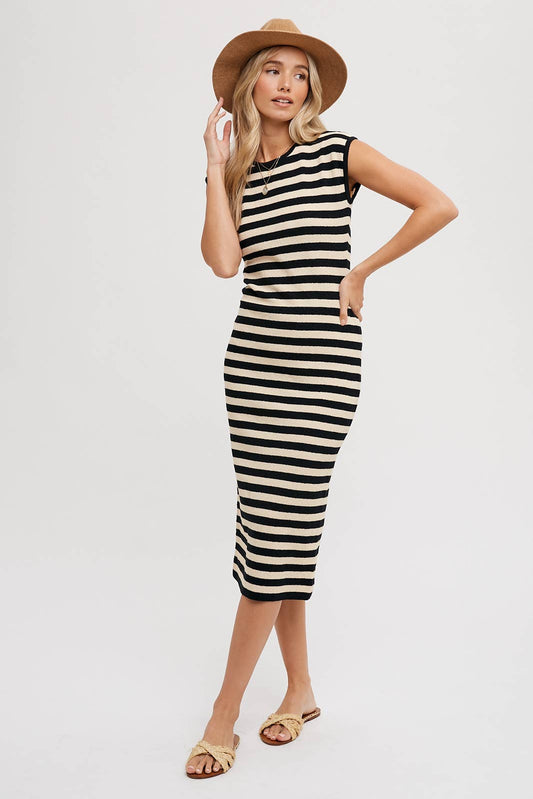 Black & Tan Striped Midi Tank Dress