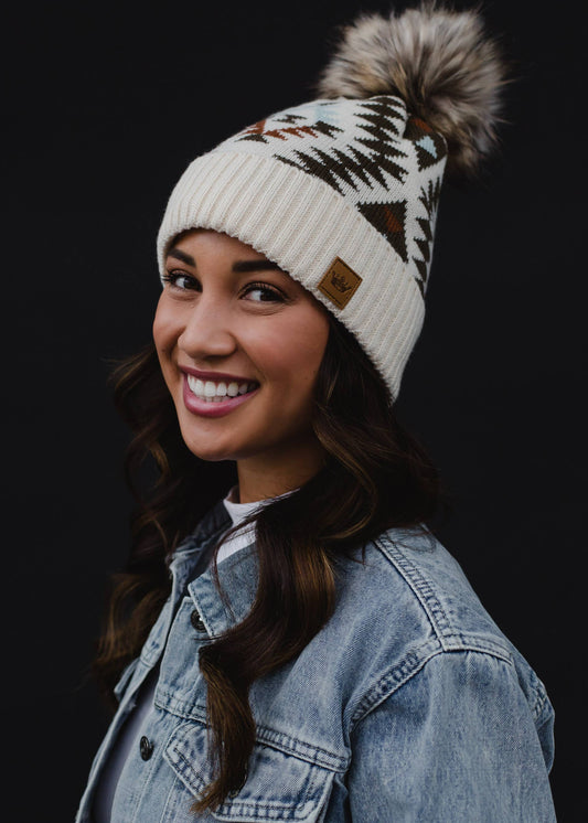 Beige, Olive & Rust Tribal Pom Hat