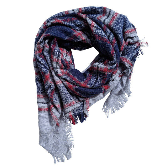 Chloe & Lex - Soft Feather Fringed Blanket Navy-Red Plaid Scarf